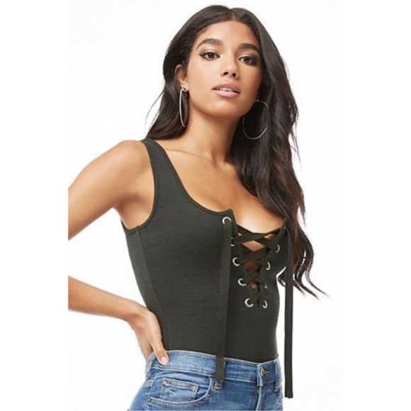Forever 21 Tops - Forever21 silver Tone Eyelet Corset Lace Bodysuit